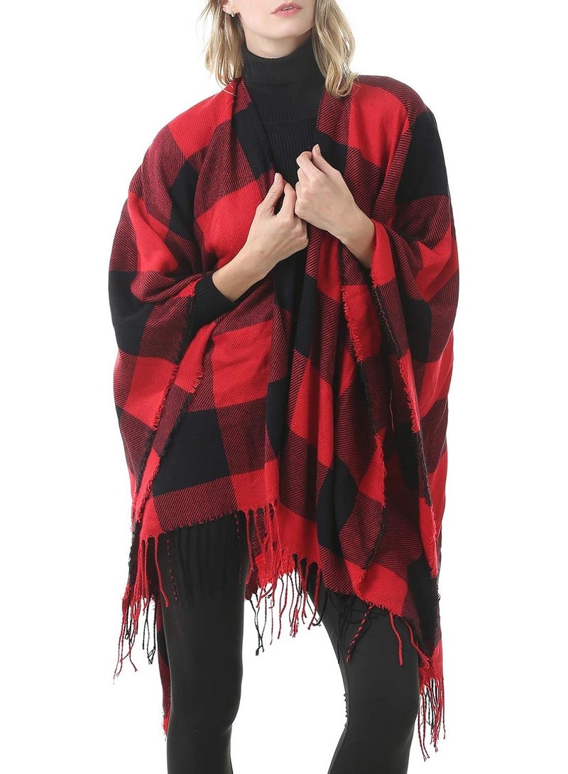 Zando Womens Tassel Plaid Shawls Printed Tartan Plaid Poncho Cape for Women Calssic Large Scarf Soft Blanket Shawls for Women Buffalo Red One Size - Image 3